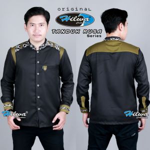 HILWA COLLECTION PEKALONGAN Kemeja Koko Pria Lengan Panjang Motif Tanduk Rusa Warna Hitam Hijau Army Kombinasi Batik S M L XL XXL Jumbo Seragam Hadroh Matt Katun Toyobo