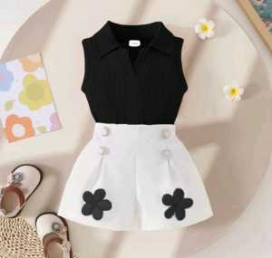 Fashion Anak Pakaian Anak Setelan Anak Perempuan Polo Knit Lekbong Usia 1-5 Tahun Celana Pendek Bahan Scuba Dengan Desain Bunga Di Bagian Depan