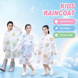 Kids Raincoat Cartoon Print Reusable TPE Waterproof Hooded Long Thick Rain Coat For Boys Girls