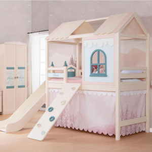 SampoKingdom funny Roof window House Mid-loft wood Kids montessori Bed with Slide and climbing wall and large playing