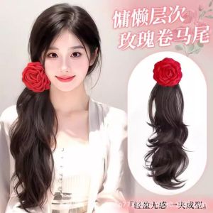 OMQAIO Thanh lịch Tóc giả đuôi ngựa kẹp càng cua màu hồng với Grab Clip Tổng hợp Tóc đuôi ngựa dài gợn sóng nhiều lớp Cổ điển Tóc nối Tóc giả đuôi ngựa hình hoa Dành cho phụ nữ