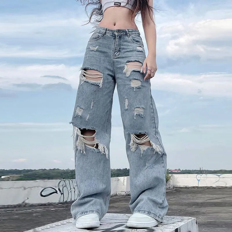 2023 Streetwear Ripped Jeans Women Straight Pants Women Mid Waist Loose  Summer Baggy Jeans Y2K High Street Cargo Pants Women
