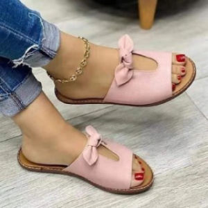Free Shipping New Plus-Size Summer WomenS Flat Sandals With Bow Embellishments Wide Straps And Solid-Color Flat Soles