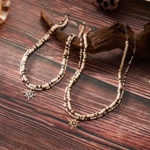AKZDXE 2 Pieces Set Vintage Boho Coconut Wood Beads Necklace Handmade Double-layer Clavicle Chain Elegant Ethnic Style Rice Beads Necklace For Men and Women