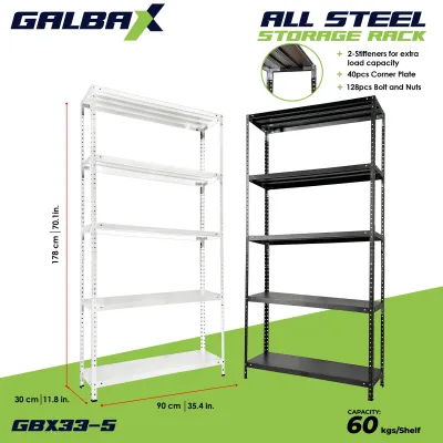 GBX ALL METAL Storage Shelving Adjustable Galvanized Steel Rack Black/White