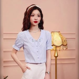 Ammin 2024 mùa hè hoa pháp mới Thêu Ngắn Tay Cổ ve cotton áo của phụ nữ phong cách Hàn Quốc Sao thêu Một hàng khuy phồng tay áo Áo Blouse thanh lịch