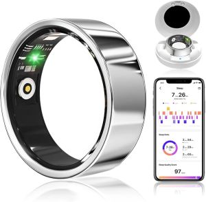 Smart Ring for Women&ampMen with Charging Case &amp 5-Day Battery: Track HR SpO2 Sleep - IP68 No Subscription Fee - iPhone/Android (Silver ，8)