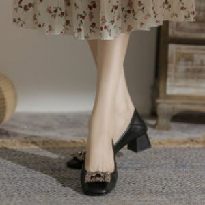 [Free Shipping] Soft Leather Chunky-Heel Flats For Women 2026 New Style Versatile Mom Shoes Mid-Heel Shallow-Toe Pumps Professional High Heels