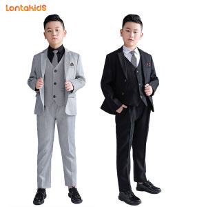 lontakids 5PCs Trẻ Em Trai Cỡ Lỡn Blazer Phù Hợp Với (Áo + Quần + Áo + Áo Ghi Lê + Áo + Tie) Màu Đen Áo Khoác Màu Xám Đám Cưới Chính Thức Trang Phục Tiệc Sinh Nhật Tuxedo Quý Ông Bộ Quần Áo