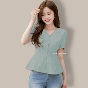 Key - 0090 NADINE Top Peplum Wolfis Premium Good Quality / Atasan Blouse Wanita Wolfis Premium Size L Full Kancing