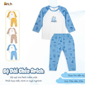 Bộ dài tay cài chéo Arich vải sợi tre Petit mềm mát phối hình in ngộ nghĩnh cho bé trai bé gáibộ quần áo trẻ em(6 tháng đến 6 tuổi)
