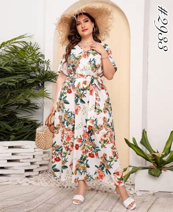 Plus Size Elegant Summer Floral Print Style Belted Front V-Neck
