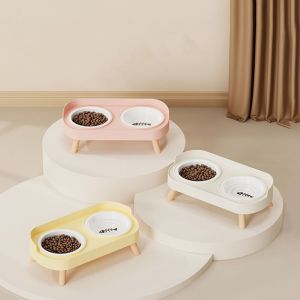 CUTE ELVES Ceramic Double Cat Bowl Large Capacity Cervical Protection Elevated Dog Bowl Pet Supplies with Stand Pet Feeder for Home