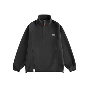 Bonnie Cathy เสื้อสเวตเตอร์ผู้ชายปักง่ายปกตั้งได้มีซิปครึ่งเสื้อกีฬารัดรูปสำหรับผู้ชายลำลองทรงหลวม