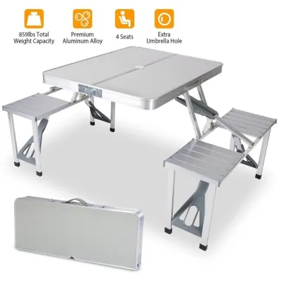 Olson Folding Picnic Table with 4 Built-in Seats | Heavy Duty Aluminum Alloy Portable Camping Table with Umbrella Hole Easy to Carry for Outdoor & Indoor Use