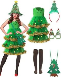 2025 Christmas Costume Cute Green Elf Christmas Tree Cosplay Costume Party Performance Dress Up Christmas Day Costume