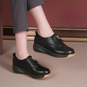 Giày đế xuồng nữ thường ngày thể thao kẻ ca rô gót vừa có khóa kéo da bò thật chất lượng cao