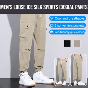 Mens Spring Loose Ice Silk Multipocket Drawstring Leg Sports Casual Pants Summer Solid Color Straight-Leg Quick-Drying Pants Casual Mens Pants