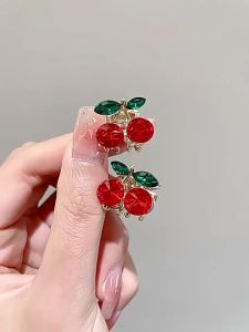 Red Cherry Rhinestone Hair Claws Women Girl Sweet StylesMetal Shark Clip For Bangs Thin Hair Ponytail Holder Cute Headwear