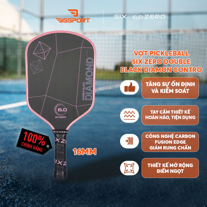 Vợt Pickleball Six Zero Double Black Diamond Control Chính Hãng - Hồng Đen- Kiểm Soát Tối Ưu, Siêu Nhẹ, Độ Bền Vượt Trội