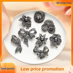 ✨QK shop✨ Gun Black Rhinestone Bow Brooches For Women Pearl Plant Pin Flower Lapel Pins Office Party Friend Gifts Jewelry Accessories