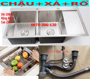 CHẬU ĐÚC INOX DÀY 304 COMBO Chậu Rửa Chén Bát INOX SUS 304 N1 10048 NA.GRAND và Bộ Xả Chậu thoát nước và Rổ Rút Đa Năng bồn rửa chén inox