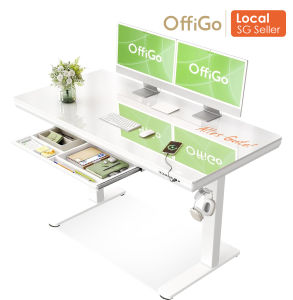 OffiGo 120x60cm Electric Glass Table with Drawer Desk Height Adjustable with USB Standing Seat Desk for Home Office