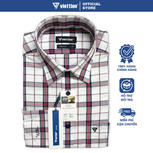 VIỆT TIẾN SALE - Áo Sơ Mi VIETTIEN Tay Dài Màu Trắng - Đỏ Họa Tiết Caro Form Regular Lai Bầu Chính Hãng