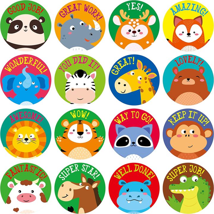 1Inch1000Pcs Incentive Stickers Adorable Round Animal Face Encouraging ...