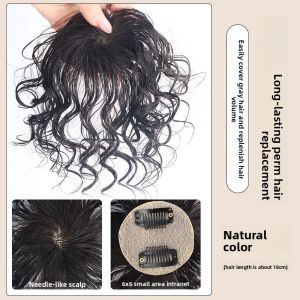 6*6-18cm Curly Human Hair Topper Black Dark Brown - Breathable Lightweight Wiglet to Cover Gray Hair & Add Volume