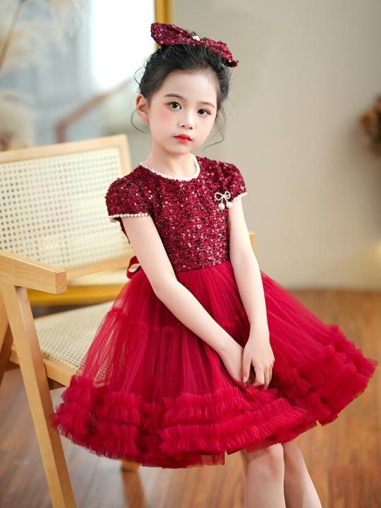 Girls' Tutu Dress Summer Red Princess Dress Children's Dress 2023 New Mesh Skirt Dress Children