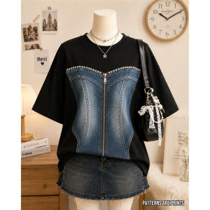  Fake Denim Style Design Tshirt Women Art Digital Print Round Neck Short Sleeves Floral Loose Fit T Shirt for Women (Not Denim Fabric)