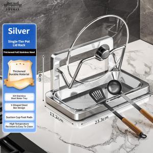 [SG Seller]Multi-Slot Stainless Steel Lid Stand Cutting Board Holder Kitchen Utensil Rest with Drain Tray for Countertop Storage