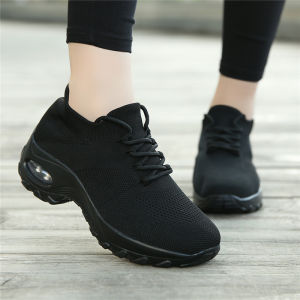 Korean Black Rubber Shoes For Women Breathable Running Sports Shoes Lace Up Lightweight Shoes For Lady