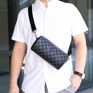 Men Shoulder Bag Waterproof Lattice Cylinder Round Sports Sling Bag Black