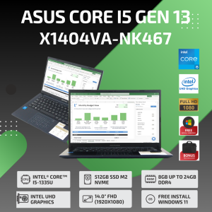 Asus VivoBook X1404VA-NK467 with Intel i5 1335U / 24 GB RAM / Asus NumPad / SSD 512 GB M2 NVMe / Intel UHD Graphics / Layar 14 Ich Full HD / Free Install Windows 11 / Quiet Blue