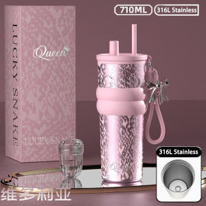 316L Stainless Steel Thermos Bottle with Ceramic Coating - 710ml 3D Embossed Design Tritan Straw