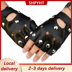 [COD] SHPYHT Local delivery Ship within 24 hours Leather Fingerless Short Gloves Black Rivets Stud Half Finger Mittens Fashion