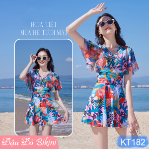 Bộ bơi liền thân nữ dáng váy quyến rũ thun bơi đẹp co giãn 4 chiều thoáng mát áo có sẵn gọng đệm tôn dáng giấu bụng tốt | KT180