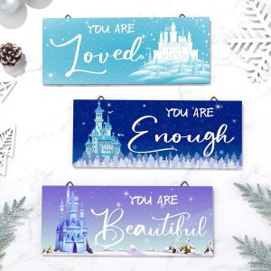 3 Pcs Winter Wooden Hanging Wall Art Snowflake Positive Quotes Castle Wall Art Prints Blue Inspirational Word Sign Decors Gift for Bedroom Women Room Bathroom (9.84 x 3.94 Inch)