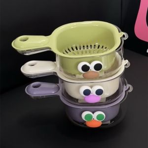 HJKL น่ารักน่ารักๆ ตะกร้าระบายน้ำ แบบสองชั้น 2 in 1 ชามระบายน้ำ อเนกประสงค์อเนกประสงค์ พร้อมที่จับ ตะกร้าเก็บผัก อุปกรณ์สำหรับห้องครัว