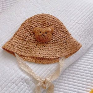 Mũ (Nón) Cói mềm đính mặt gấu dễ thương cho bé đi học đi chơi.