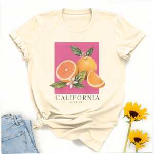 [Local Stock] HBESTY  Vintage Orange Fruit Graphic Pink Background California Text Gray Crewneck Short Sleeve Shirt Y2k Top High Quality Cotton Tees