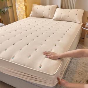 Soybean Fiber Cotton Fitted Sheet Solid Color Embroidery High Grade Bed Cover Mattress Protector Single/Queen/King