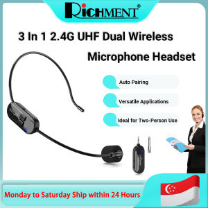 RICHMENT Wireless Microphone 2 In 1 UHF 2.4G Headset Wireless Headset Mic and Handheld Mic 2 in 1 165FT Range 3.5mm & 6.35mm Jacks Ideal for Teaching Fitness PA System Speaker Voice Amplifier Training