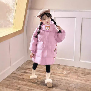 BIZOT Winter Girls Down Jacket Long Style Thick Warm Cartoon Bear Fashion Hooded Coat For 2-7 Years Kids Children Outerwear Clothing