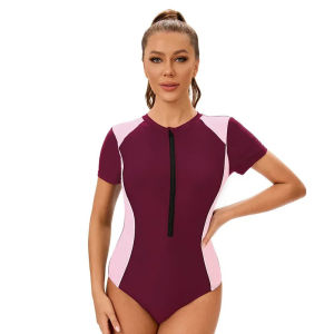 [Legend6] ชุดว่ายน้ำกีฬาแขนสั้นสำหรับเสื้อผู้หญิงคอกลมมีซิปชุดเซิร์ฟวิ่งใหม่ชุดว่ายน้ำปะติดปะต่ออนุรักษ์นิยมฤดูร้อน