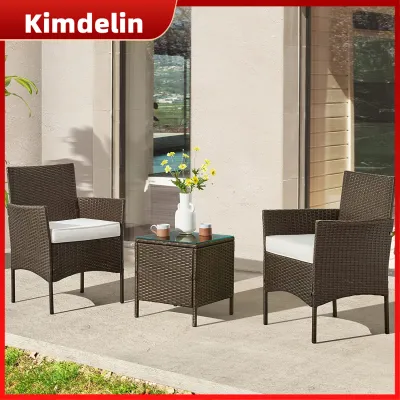 KIMDELIN Patio Porch Furniture Sets 3 Pieces PE Rattan Wicker Chairs with Table Outdoor Garden Furniture Sets (Brown/Beige)