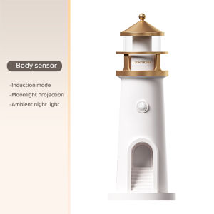 2025 Lighthouse Environment Light Moon LED Projection Night Light UBS Rechargeable Dimmable Bluetooth Music Motion Sensor Desktop Decoration Night Light Gift