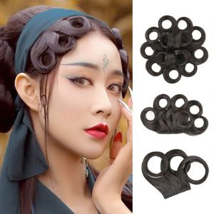 THREADJOY เรโทร ขนปุยฟู แบบดั้งเดิมดั้งเดิม สำหรับผู้หญิง การแสดงบนเวที วินเทจ คอสเพลย์ผู้หญิงโบราณแบบจีน สาวๆ ที่ต่อผม ผมม้าหยิกสังเคราะห์ ผมม้าโอเปร่าจีน ผมคอสเพลย์งูสีขาว วิกผมลอนสีดำ